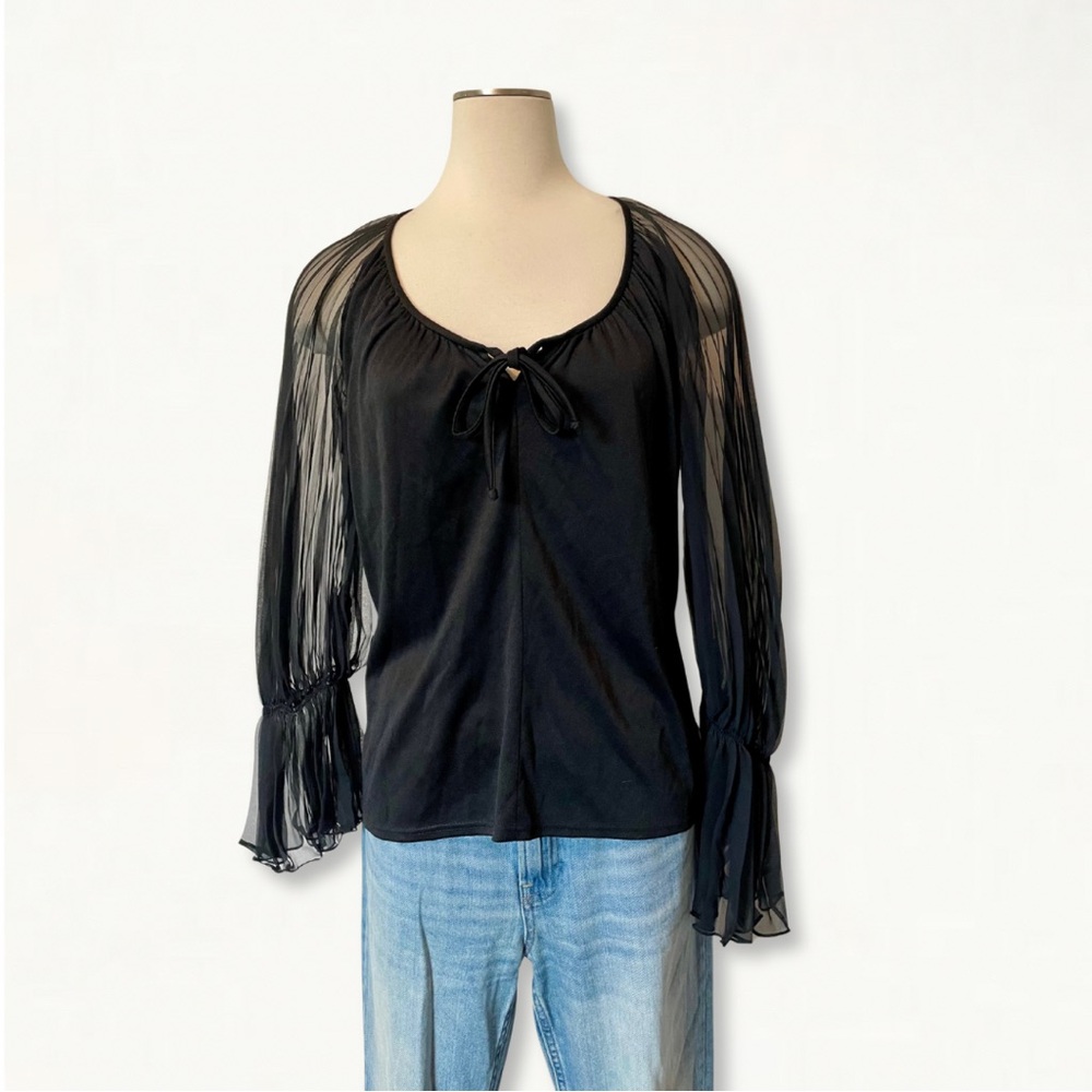 Vintage 1960s Black Tie-Front Sheer Chiffon Bell Sleeve Blouse Union Made in USA